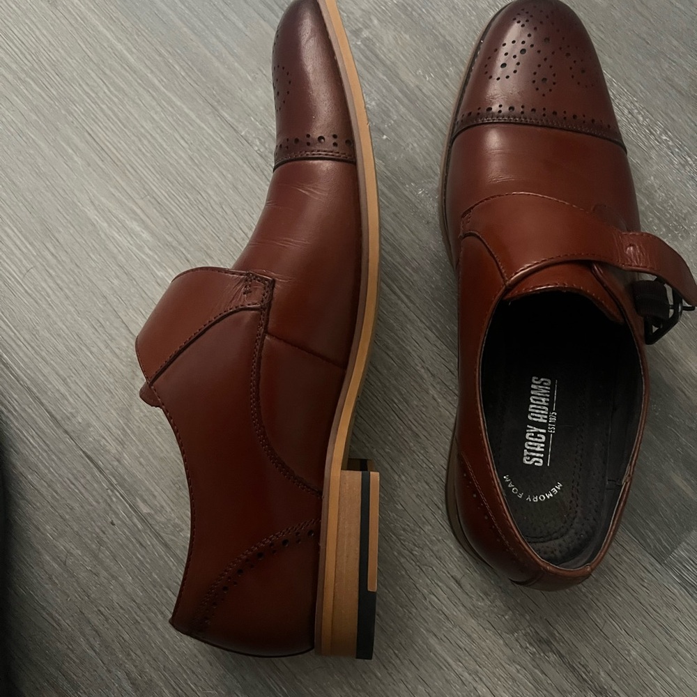 Stacy Adams Brown Leather Cap-Toe Monk Strap Dress Shoes - Picture 2 of 3